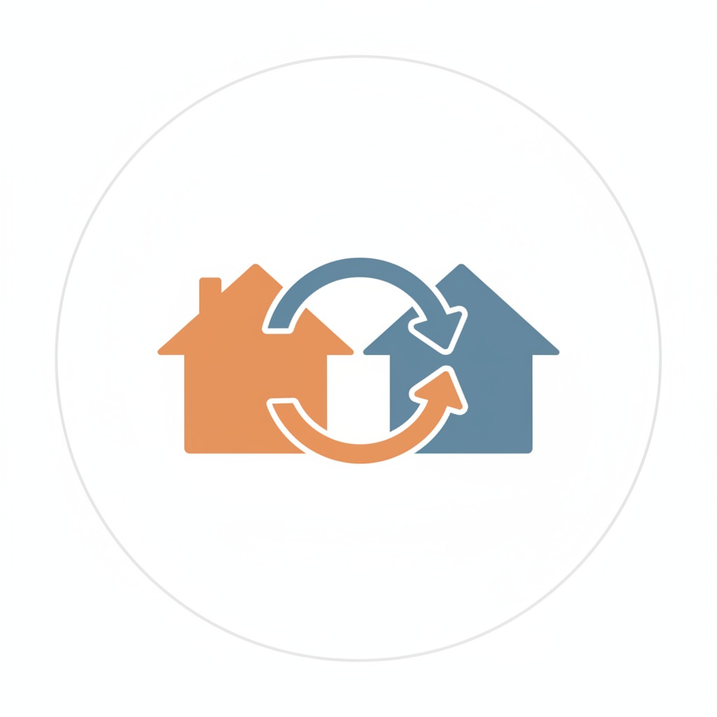 Two house icons connected by a circular arrow symbol representing a property exchange.